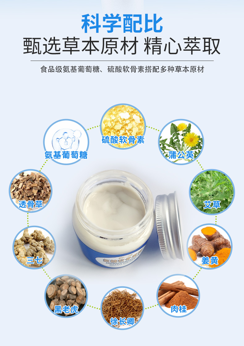 科學(xué)配比，甄選草本原材精心萃取，食品級(jí)氨基葡萄糖、硫酸軟骨素搭配多種草本原材